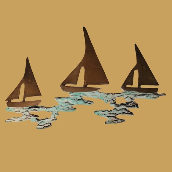 Vintage MCM 1960s Brass Enesco Three Sailboat Wall Hanging with Painted Ocean - Picture 1 of 5